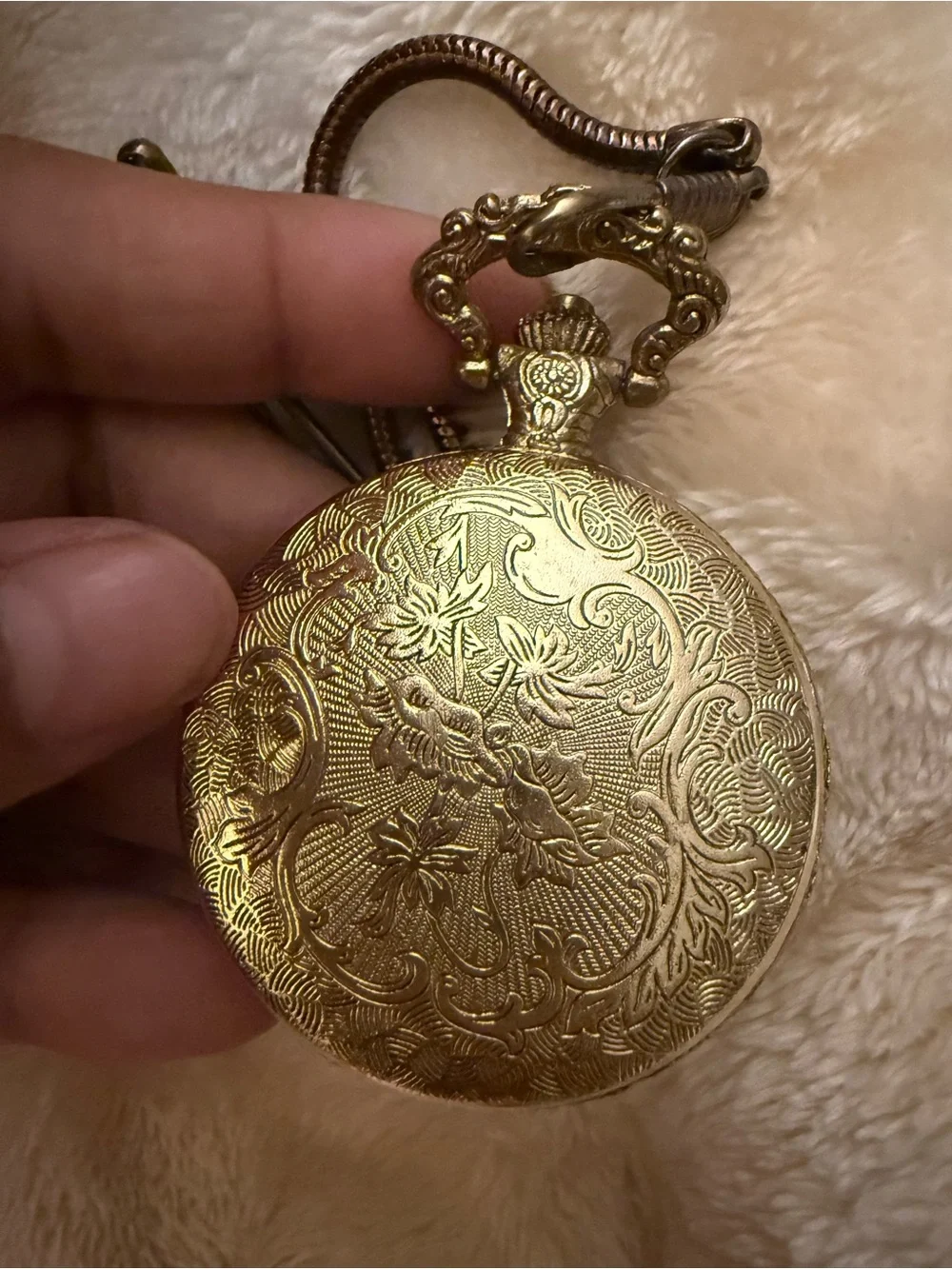 Source Unknown Gold-Tone Train Engraved Pocket Watch with Chain